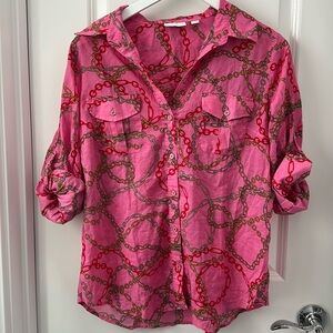 New York & Company Pink Chain Print Button Down Shirt Size L